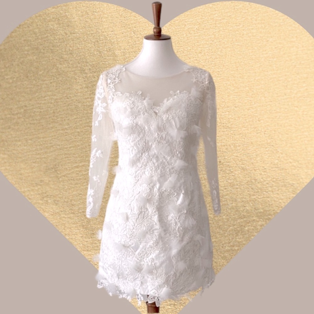 Vintage Size 4 Ivory off white 3D mini dress cream long sleeve wedding lace